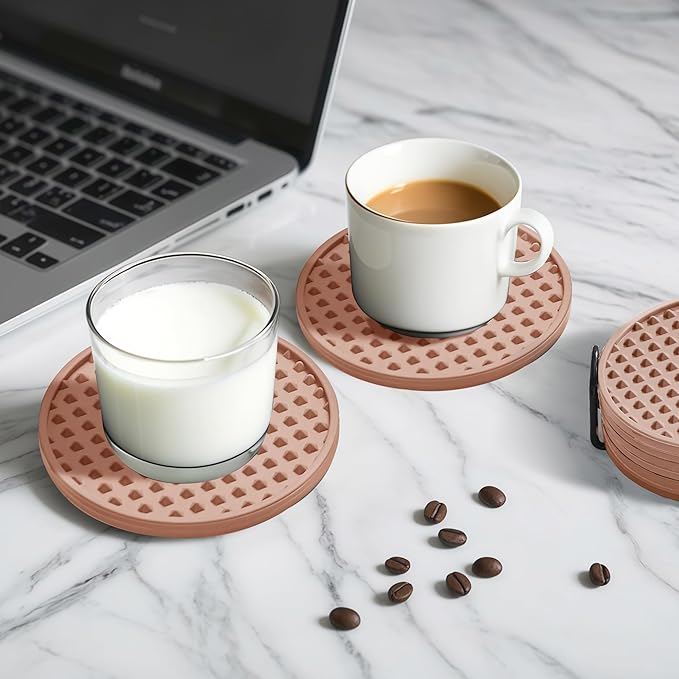 Coasters for Drinks, Silicone Coasters Set of 12 with Metal Holder, Outdoor Coaster for Coffee Table, Non-Slip Rubber Table Cup Mat Desk, Heat Resistant & Scratch-Proof (Dusty Pink)