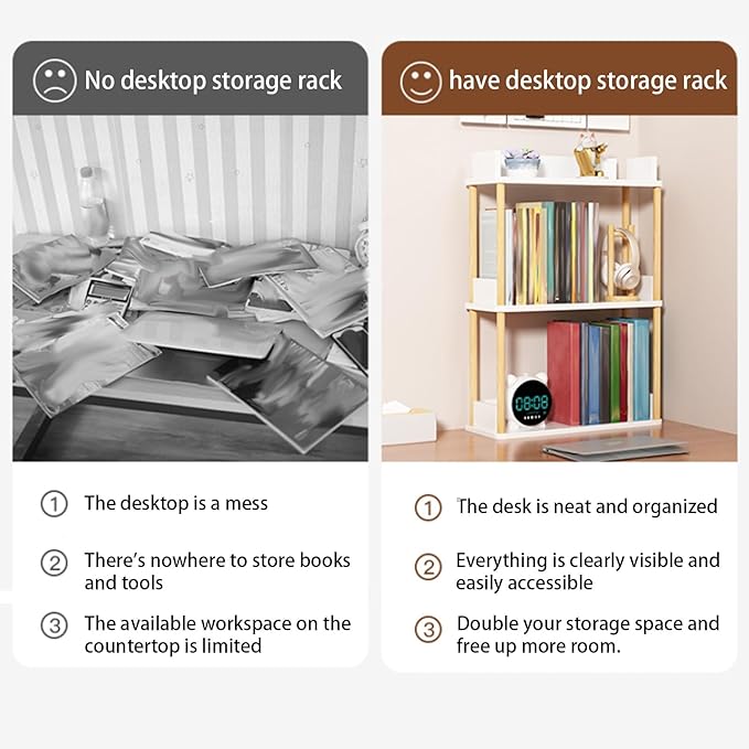 Desktop Organizer Shelf, Multi Tier Wood Tabletop Bookshelf, Space Saving Countertop Storage Rack for Office, Bedroom, Living Room(Light Walnut,15.7 * 7.8 * 14.5in)