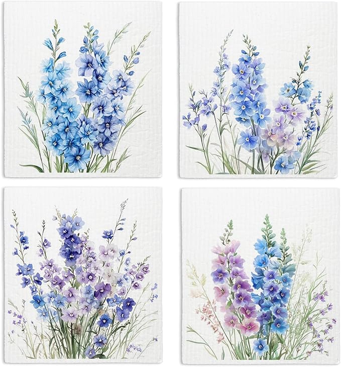 Spring Floral Swedish Dishcloths for Kitchen, Swedish Dish Cleaning Cloths for Lavender, Papaya Reusable Paper Towels, 4 Pack Dish Towels for Kitchen, Reusable Paper Dishcloths Washable