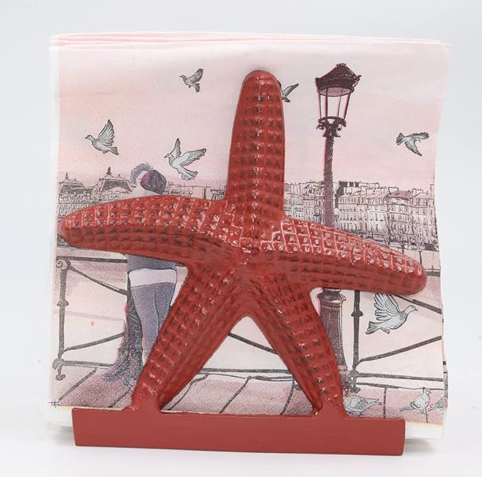 Nautical Starfish Lunch Dinner Metal Napkin Holder Kitchen Beverage Cocktail Ocean Coastal Napkin Holder By The Metal Magician (Distressed Red)