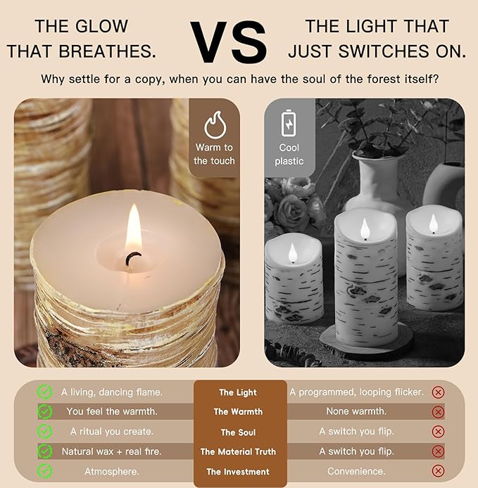 Birch Bark Texture Pillar Candles Set - Real Wax 3 Sizes (4", 5", 6" Tall) Rustic Decor Fireplace Candles, Unscented Woodland Style Pillar Candle for Modern Farmhouse, Dining Table, Holiday Decor