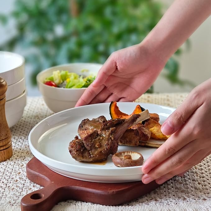 HAPPY KIT 12 Pieces Porcelain Dinnerware Set, Serving Plates and Bowls Set for 4, Chip and Scratch Resistant White Kitchen Dishware Sets, Thick-edge Non-slip Design
