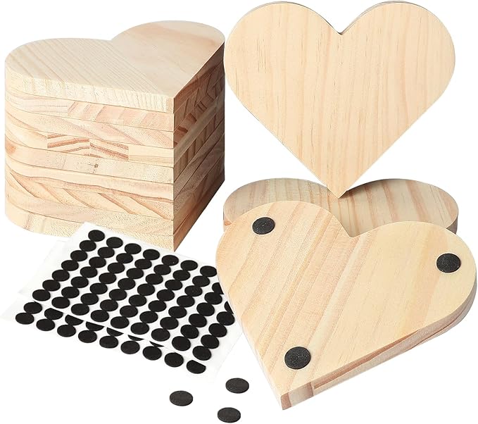 12 Pieces Unfinished Wood Coasters, GOH DODD 4.5 Inch Wooden Slices Blanks Bulk Set with Foot Pads for DIY Crafts Laser Engraving Wood Burning Staining Painting Decoupage Valentine's Day, Heart