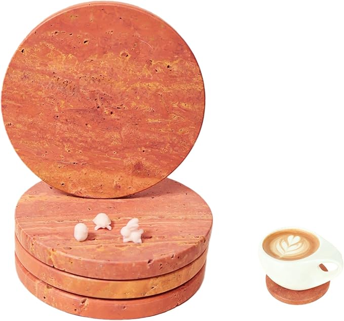 Natural Travertine Stone Coasters Set of 4 with Cork Backing – 4” (10cm) Round Absorbent Drink Coasters, Non-Slip Coffee Table Protectors, Rustic Farmhouse & Modern Décor, Gift-Ready