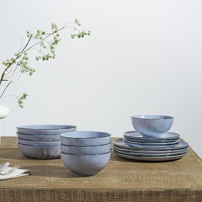 Famiware Moonlight Plates and Bowls Sets, 24 Pieces Stoneware Dinnerware Sets with Linen Finish, Handmade Dishware Set for 8, Microwave and Dishwasher Safe, Chip and Scratch Resistant, Blue