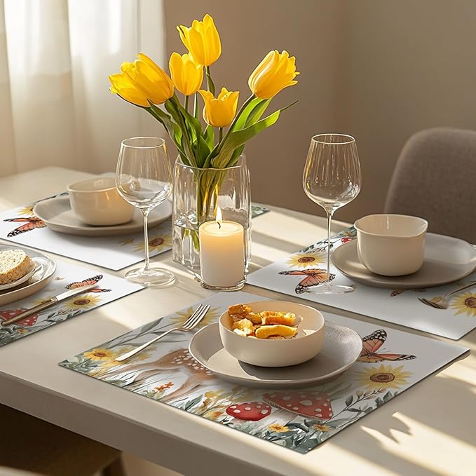 Cute Deer Placemats Set of 6, Sunflower Butterfly Place Mats, Sika Deer Waterproof Washable Table Mats for Home Party Indoor Kitchen Dining Table Decoration 12x18 Inch