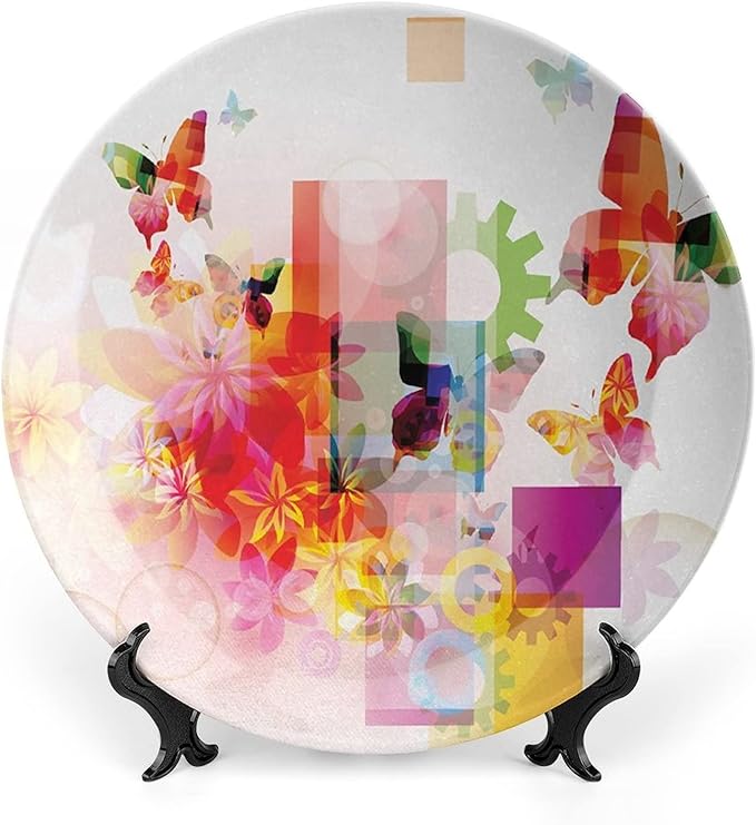 Ceramic Display Plate, Abstract Ceramic Hanging Decorative Plate, Natural Design Flowers Leaves Squares Rounds, 8 Inch, Household Custom Ceramic Plate, Multicolor