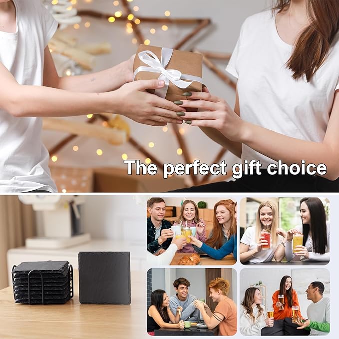16 Pack Stone Coaster Set with Metal Stand 4-inch Square Laser-Engraved Black Stone Coasters with Protective Pads on The Bottom Ideal for Home,bar, and Gift Occasions (Weddings, housewarmings)