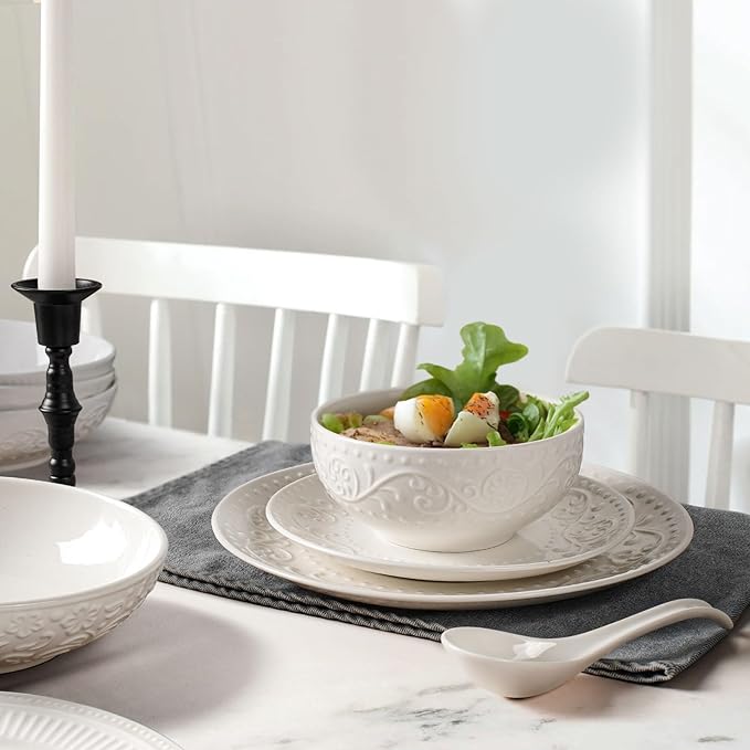 Artena Ceramic Cereal Bowls 26 oz, Embossment Soup Bowls Set of 4, White Salad Bowl for Kitchen, Dinner, Breakfast, Oatmeal, Rice, Pasta, Dishwasher Microwave Safe, 6 inch (Lianas)