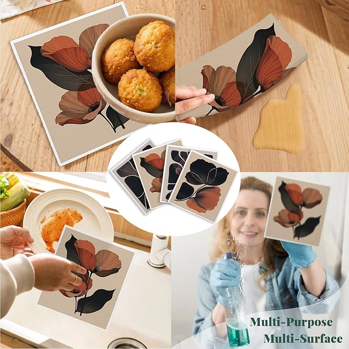 Swedish Dishcloths for Kitchen, Floral Botanical Swedish DishCloths, Papaya Reusable Paper Towels Washable, 4 Pcs Dish Towels for Kitchen Party Home Housewarming Cleaning Cloths