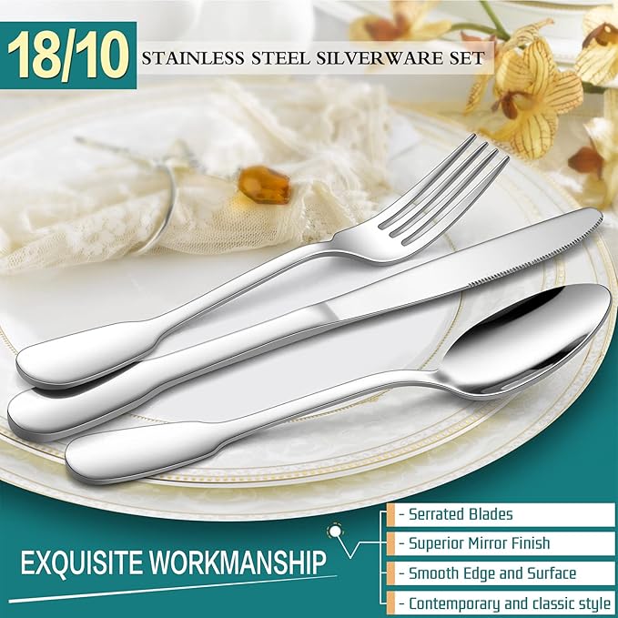 18/10 Silverware Set, E-far 20-Piece Stainless Steel Flatware Cutlery Set Service for 4, Metal Tableware Eating Utensil Sets for Home/Restaurant/Wedding, Elegant & Classic Style - Dishwasher Safe