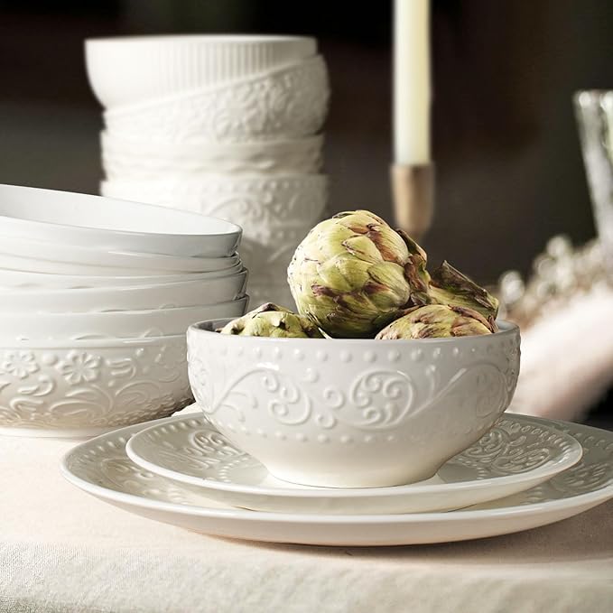 Artena Ceramic Cereal Bowls 26 oz, Embossment Soup Bowls Set of 4, White Salad Bowl for Kitchen, Dinner, Breakfast, Oatmeal, Rice, Pasta, Dishwasher Microwave Safe, 6 inch (Multiple Patterns)