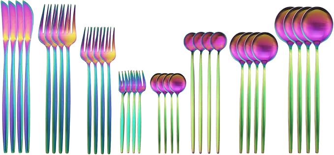 JASHII 32-Piece Tableware Set Stainless Steel Flatware Set with Coffee Spoon Long Handle Spoon Premium Cutlery Service for 4 Satin Finish Utensils for Home (Rainbow)