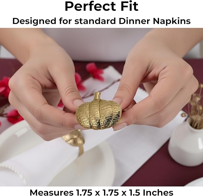 CLEENTABLE Napkin Rings Set of 12, Metal Napkin Holder Cuffs for Dinner Table Décor, Thanksgiving Pumpkin Farmhouse Modern Serviette Rings for Christmas, Weddings, Receptions, (Antique Gold)