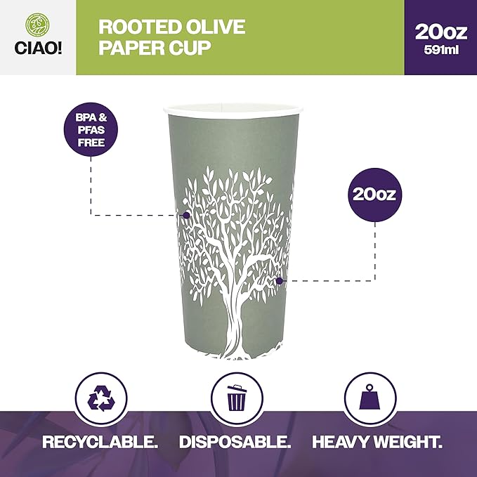 CIAO! 20oz Paper Hot Cup, Rooted Olive Print, (Case of 600)