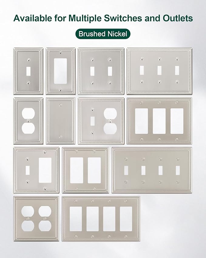 2-Pack Double Decorator Outlet Cover Plate, Pearls Decorative Switch Plates and Outlet Covers, 2 Gang Brushed Nickel Metal Wall Plates, Corrosion Resistant