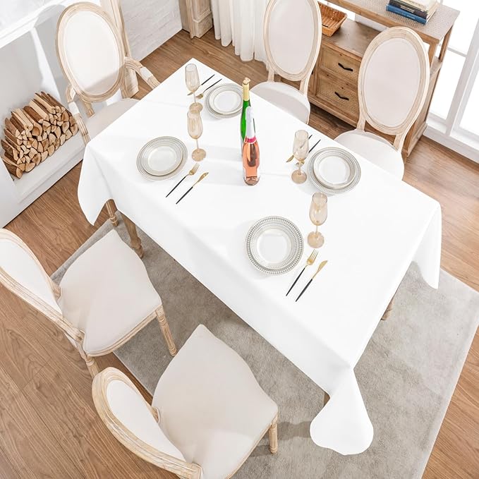 Rectangle 10 Feet Tablecloth 60x144 inch Linen Textured Table Cloth Stain and Wrinkle Resistant Washable Polyester, Decorative Table Cover Waterproof for Dining, Buffet and Camping, White