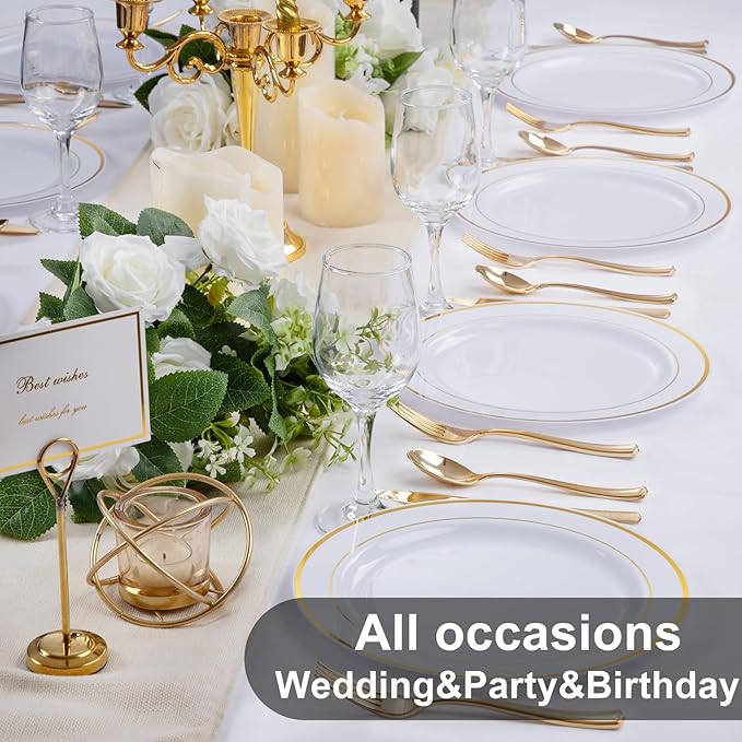 WELLIFE 72PCS Gold Plastic Plate, 10.25Inch Disposable Dinner Plate Party with Gold Rim, Heavy Duty Disposable Plastic Plates for Party, Wedding, Birthday