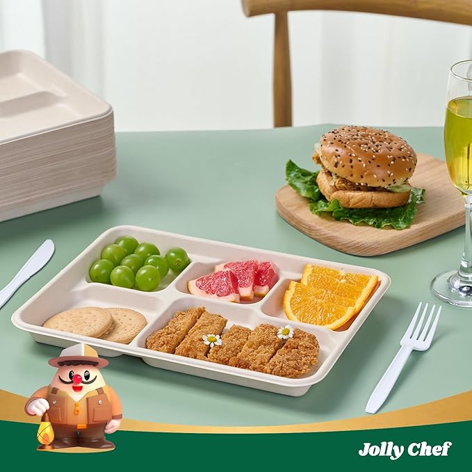 JOLLY CHEF Compostable 𝟱 Compartment 𝟭𝟭 * 𝟴 𝗶𝗻𝗰𝗵 Paper Plates [𝟭𝟬𝟬 𝗣𝗮𝗰𝗸] Heavy Duty Small Natural Divided Eco-Friendly Biodegradable Food Trays for Party Lunch Dinner Christmas