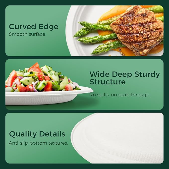 100% Compostable Plates - 125-Count Heavy Duty Disposable 10-Inch Plates Made of Bagasse - Eco-Friendly and Sustainable