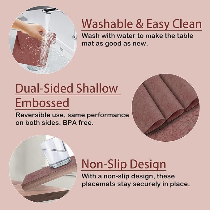 SolaraDawn Faux Leather Placemats Set of 4 Dark Burgundy for Christmas & Valentine's Day, 17" × 12" Waterproof & Heat-Resistant Dining Place Mats, Easy Wash Clean, Wipeable & Anti-Slip Table Mats