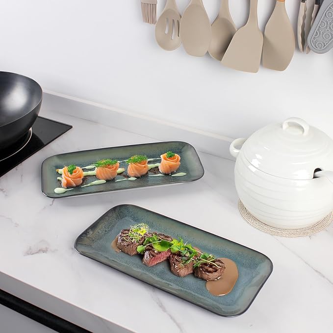 Serving Platters Set of 4, Rectangular Serving Plates, Serving Trays for Entertaining Party, Microwave,Oven,Dishwasher Safe,Kitchen Dinnerware, Blue reactive glaze 12.7 Inch