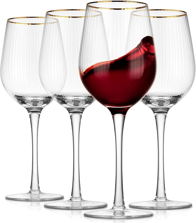 Royalrose Premium Cheerfull Wine Glasses, 14.2 oz Hand-Blown Glasses with Gold Rim, Fluted Design, Elegant Gift Packaging, Perfect for Special Occasions (4)