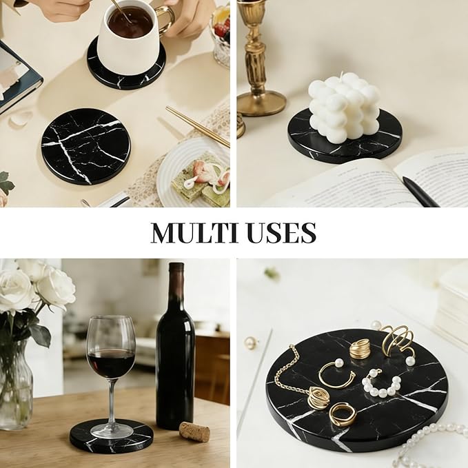 Natural Marble Coasters, Round Costers, Luxury Aesthetic Modern Decor for Coffee Table Bar Kitchen Home, Black Marble, Real Natural Semi Absorbent Stone Coasters