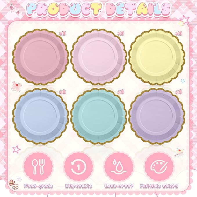 48 Pcs Pastel Rainbow Paper Plates 9 Inch Gradient Color Scalloped Paper Disposable Dinner Dessert Plates for easter Birthday Wedding Bridal Party Supplies, 6 Colors