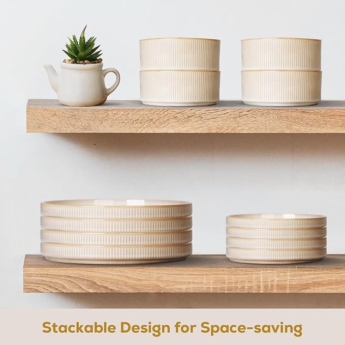 Romswi Stoneware 18Pcs Dinnerware Sets, Ceramic Plates and Bowls Set for 6, Chip & Scratch Resistant Ribbed Dish Set, Handmade Reactive Glaze, Oven, Microwave & Dishwasher Safe, Cappuccino White