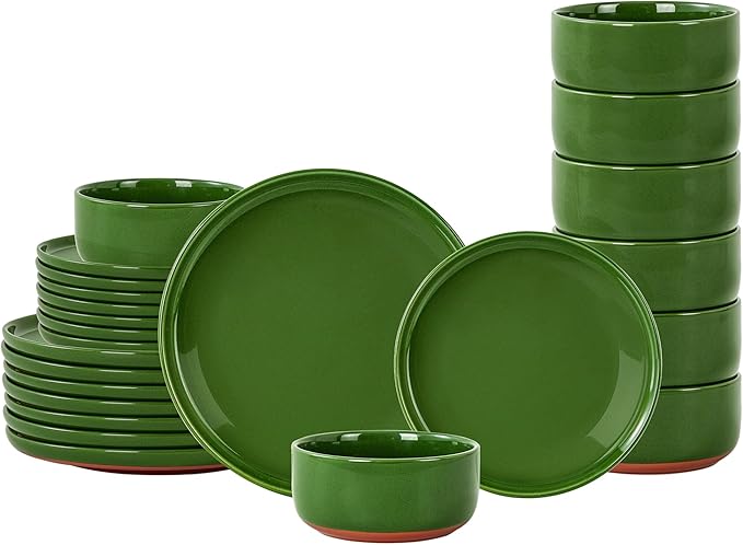 GZG Modern Art Series - 24 Pcs Speckled Stoneware Plates and Bowls Sets, Ceramic Dinnerware Set with Rustic Terracotta Underside, Microwave and Dishwasher Safe Handcrafted Dishes Set - Verdant Green
