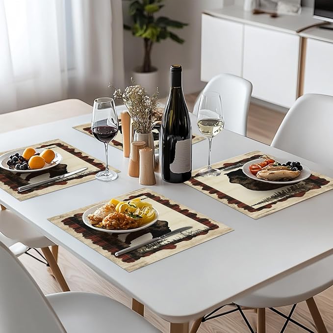 Bear Placemats Set of 6, Farmhouse Cabin Place Mats, Country Rustic Wild Animal Waterproof Washable Table Mats for Home Party Indoor Kitchen Dining Table Decoration 12x18 Inch