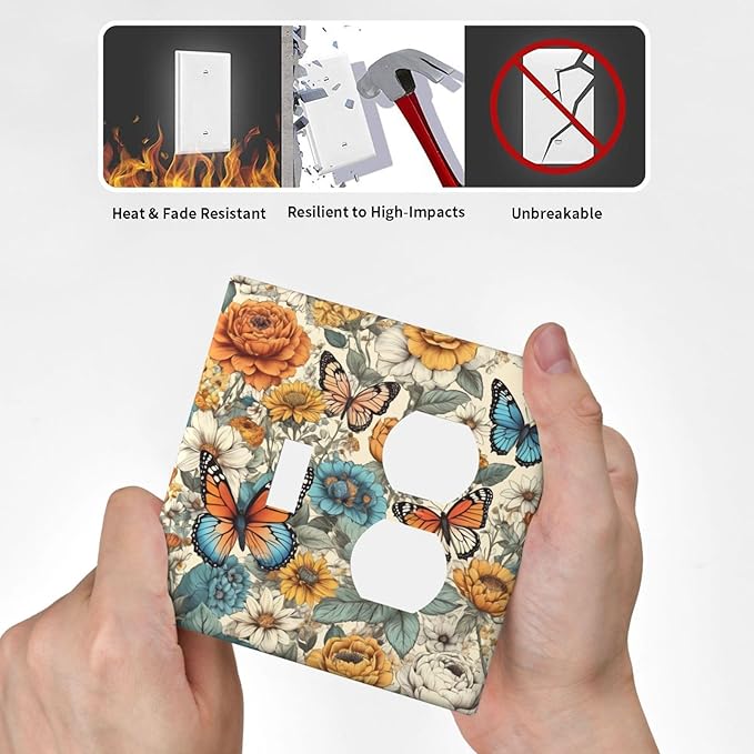 Light Switch Cover Plate Vintage Colorful Floral Butterfly Flowers 2 Gang Decorative Switch Plates 1 Toggle Duplex Combo Outlet Covers GFCI Wall Plates for Bathroom Bedroom Decor