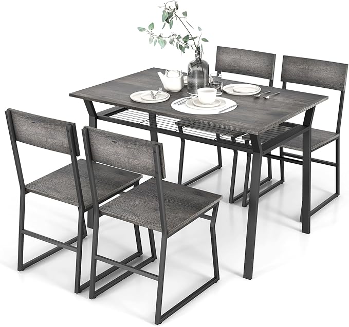 Giantex Dining Table Set for 4, 47”L x 28”W Rectangular Kitchen Table w/ 4 Trapezoid Chairs, Reinforced Metal Frame & Storage Rack, Industrial Space-Saving Dinette Set for Kitchen Dining Room (Grey)