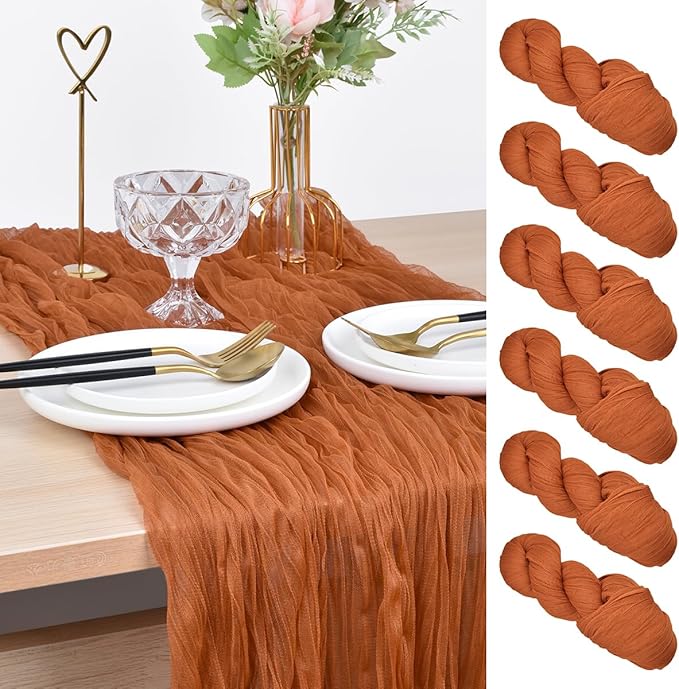 Joanlody Terracotta Cheesecloth Table Runner Spring Easter 10Ft Rustic Gauze Boho Cheese Cloth Table Runner for Wedding Bridal Baby Shower Decoration 6 Pack