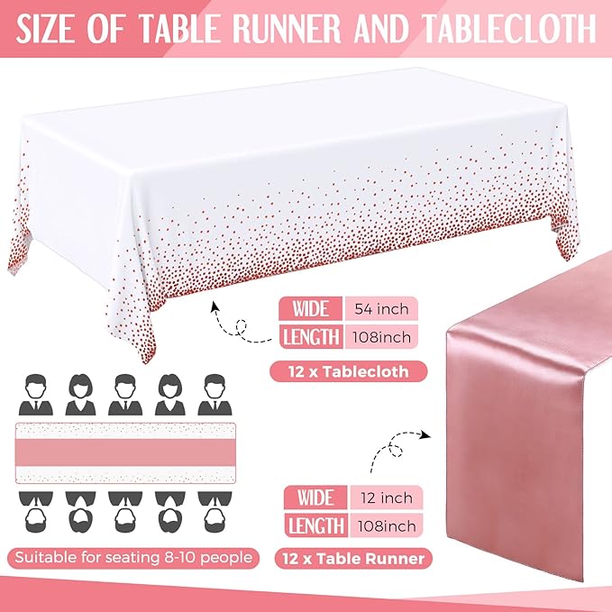 Breling 24 Packs White and Rose Gold Disposable Plastic Tablecloths and Satin Table Runner Set, 54 x 108 Inch Tablecloth, 12 x 108 Inch Table Runners for Wedding Graduation Birthday Baby Shower