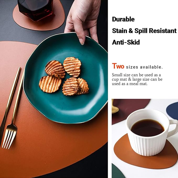Faux Leather Fall Placemats Set of 6 Wipeable Washable Place Mats for Round Table Table Mats for Kitchen Dining Patio, Heat Resistant Easy to Clean Oval Brown Placemat