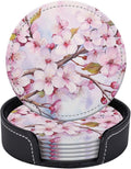 Coasters for Drinks PU Leather,Set of 6 with Holder,Round Housewarming Gift Home Decor,Cherry Blossoms with Pink Petals