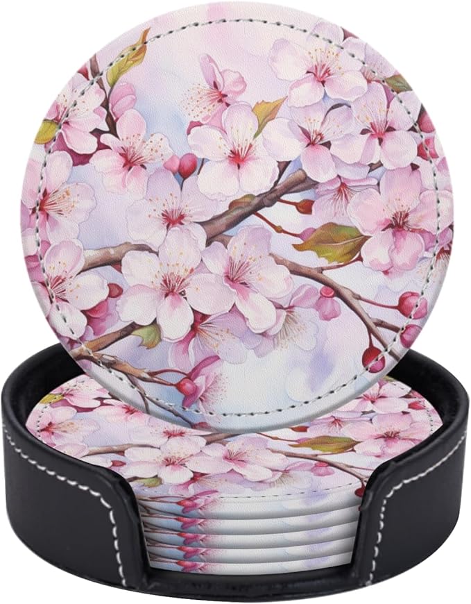 Coasters for Drinks PU Leather,Set of 6 with Holder,Round Housewarming Gift Home Decor,Cherry Blossoms with Pink Petals
