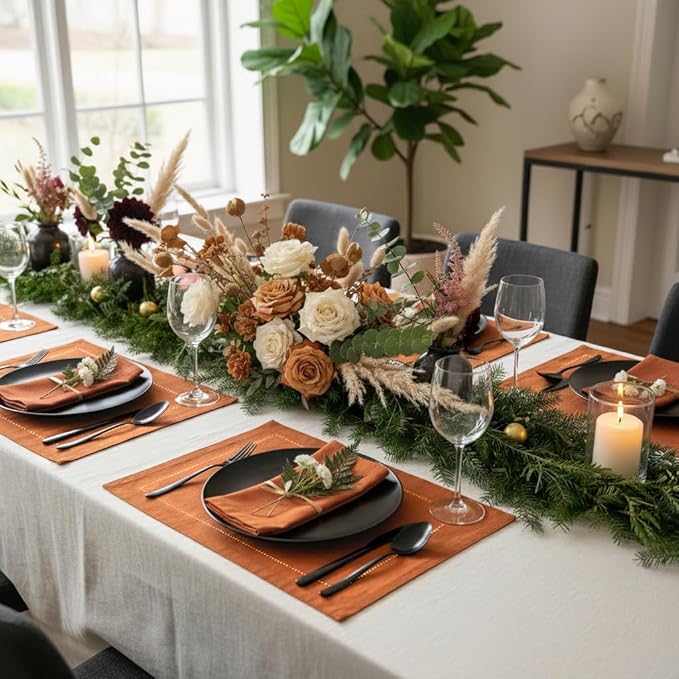 D'Moksha Homes Rust Linen Placemats Set of 6 - Classic Hemstitch Placemats 14 x 19 Inch - 100% Pure Linen Table Mats for Spring, Easter - Handcrafted and Machine Washable