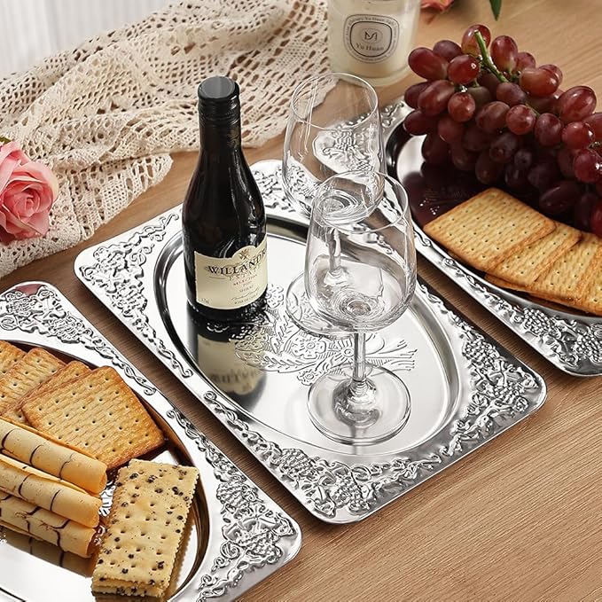 4-Pack Silver Serving Trays Set - ZENOVLUX Vintage Floral Engraved Mirror Decorative Tray, 13.8" x 8.7" Party Platters for Valentine's Day, Food, Appetizer, Charcuterie, Cookies, Desserts