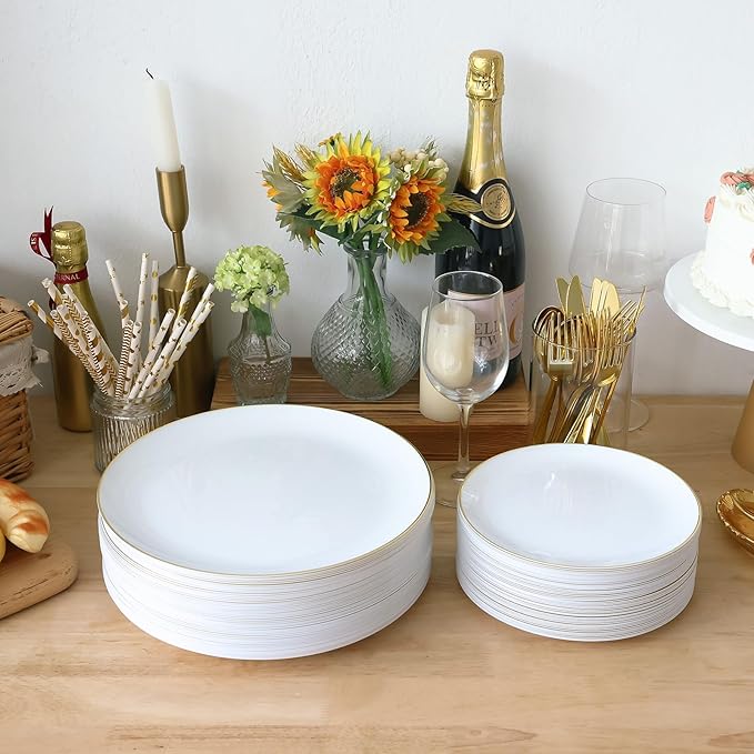 Moretoes 100PCS White Gold Plastic Plates Disposable,Party Plates White with Gold Rim, 10.25inch Dinner Plates and 7.5inch Dessert Salad Plates Heavy Duty Plates for Wedding Party and Birthday