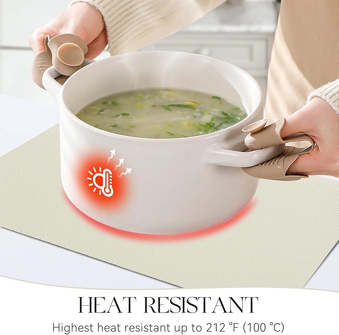 MOSAYT Vinyl Placemats Set of 4, Heat Resistant Place Mats 100% Waterproof Washable & Wipeable Faux Leather Reversible Table Mats for Kitchen Dining Party Indoor Outdoor, 12" x 17", Beige