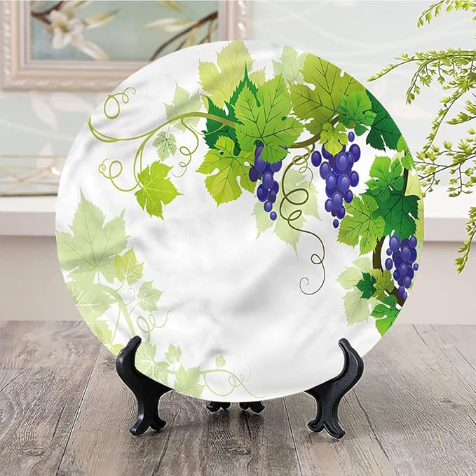 Ceramic Display Plate, Vine Ceramic Hanging Decorative Plate, Grapes with Fresh Foliage, 8 Inch, Living Room Kitchen Decoration Household, Multicolor