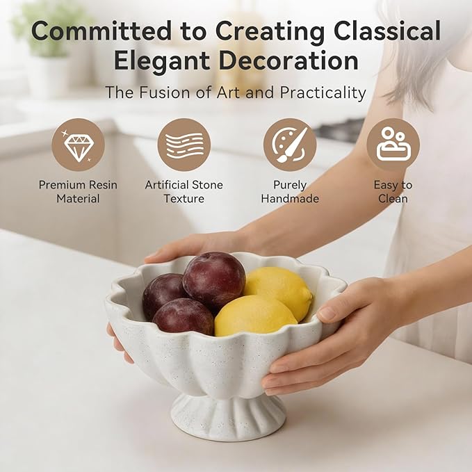 Pedestal Decorative Bowl Home Decor - Morden Handicraft Decorative Fruit Bowl for Kitchen Counter, Chic Ruffle Bowl Centerpiece Decor for Dining Table Coffee Table (Spotted White)
