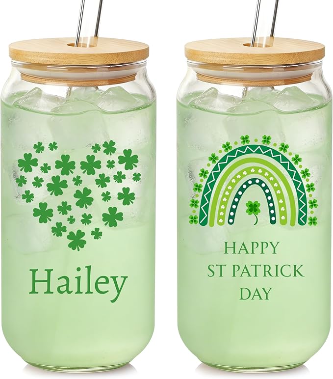 Mason Life St Patrick's Day Personalized Glass Tumbler, Print 2 Sides 18 OZ Cute Glass Cup with Lid and Straw, Lucky Clover Beer Can Glass, Personalized St.Patrick's Day Gift