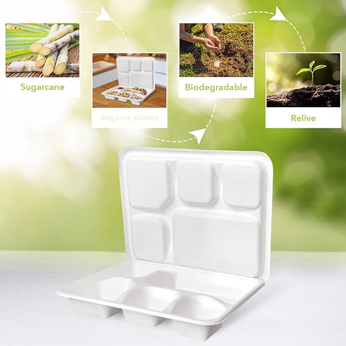 three leaf 5 COMPARTMENT MEAL TRAY WITH LID SET, 50 SETS. Heavy-Duty- Super Strong- Natural- Eco-Friendly Disposable Bagasse Tray with Lid, 100% Biodegradable Plates