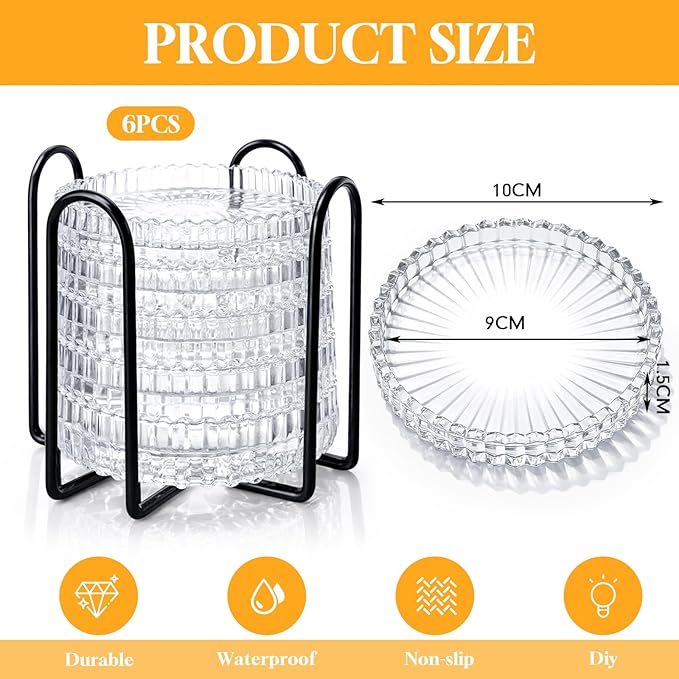 Remerry 6 Pcs Clear Crystal Coaster Set with Holder Glass Coasters for Drinks 4 Inch Drinks Crystal Round Cup Coasters Coffee Table Decor for Office Kitchen Bar Restaurant Patio (Transparent)