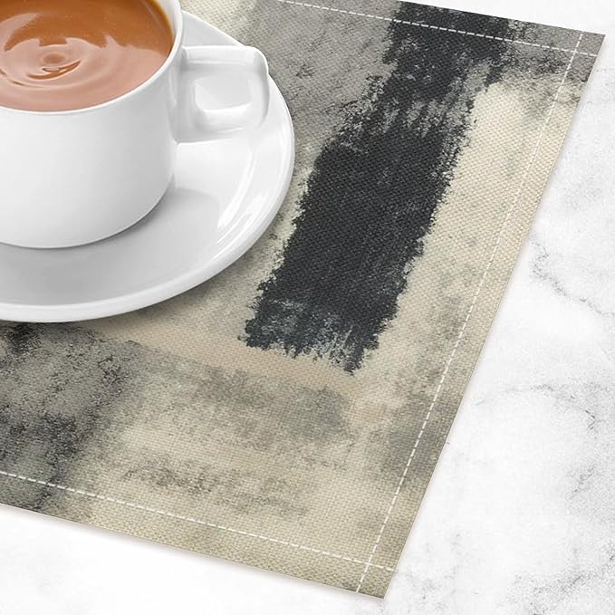 Gradient Placemat Set, Modern Minimal Fashion Abstract Beige Grey Blue Art Oil Painting Brush Strokes Patchwork Pattern Home Decor Linen Table Mats for Dining Room Kitchen Party (17x12in) x4P