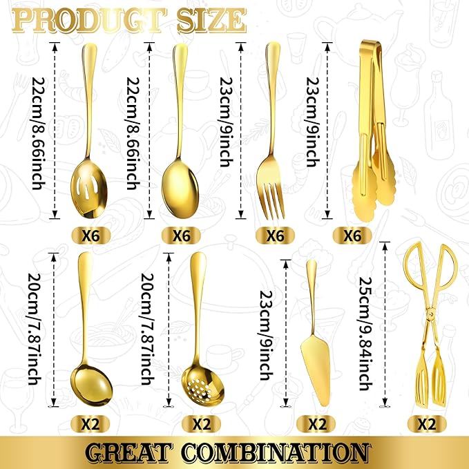 32Pcs Serving Utensils Set Serving Spoons, Buffet Tongs, Cake Spatula, Forks, Perforated Ladles, Soup Scoops, Skimmers and Black Heavy-Duty Serving Tongs (GOLD)